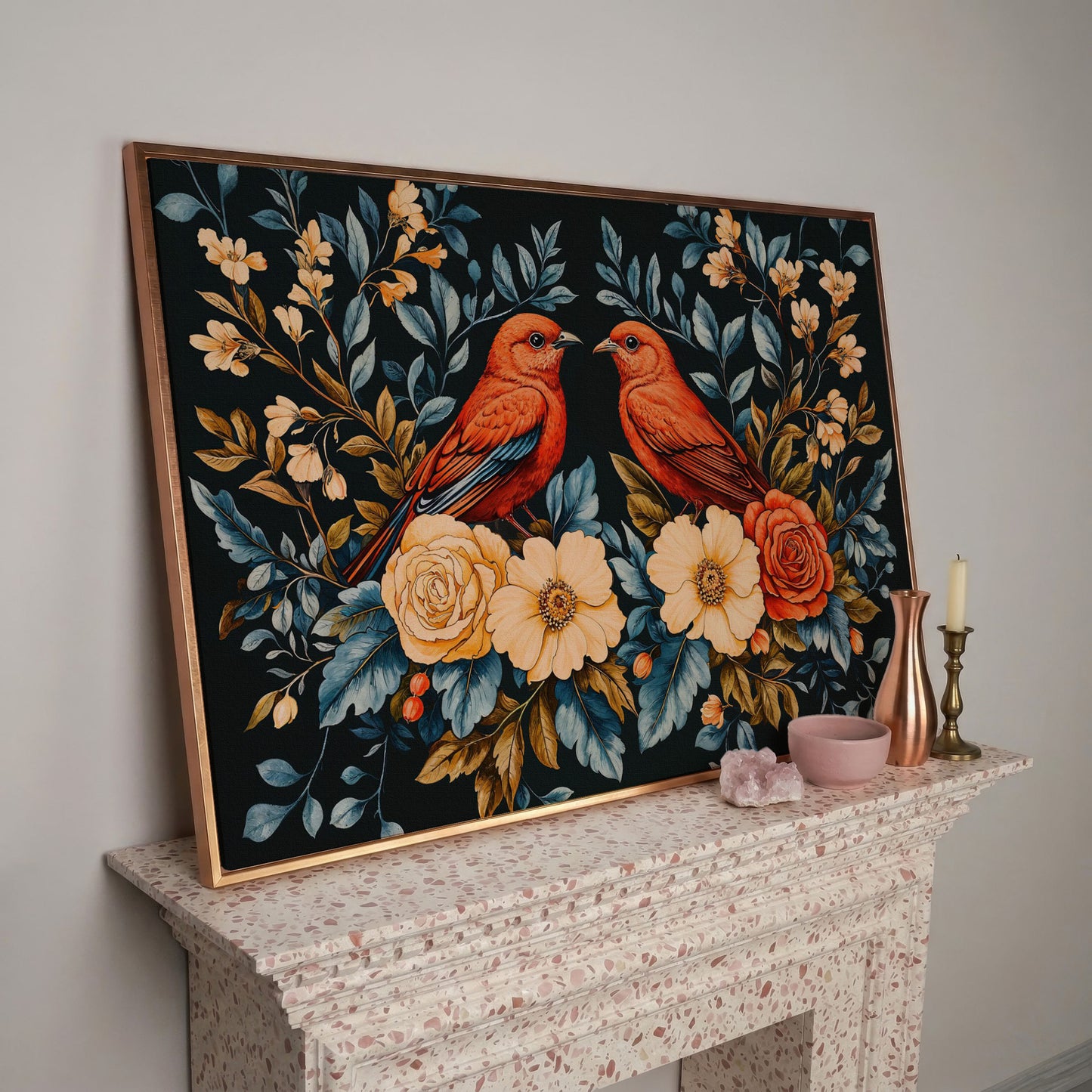 Red Birds & Roses Canvas Print for Living Rooms in rose gold floating frame
