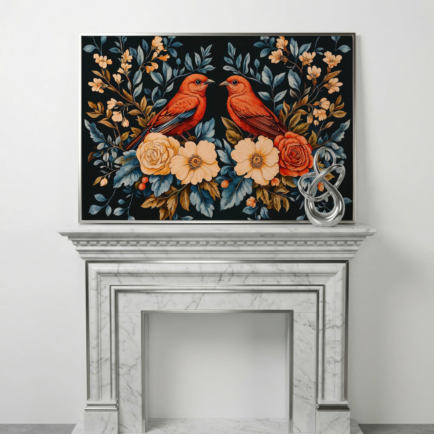 Red Birds & Roses Canvas Print for Living Rooms in silver floating frame