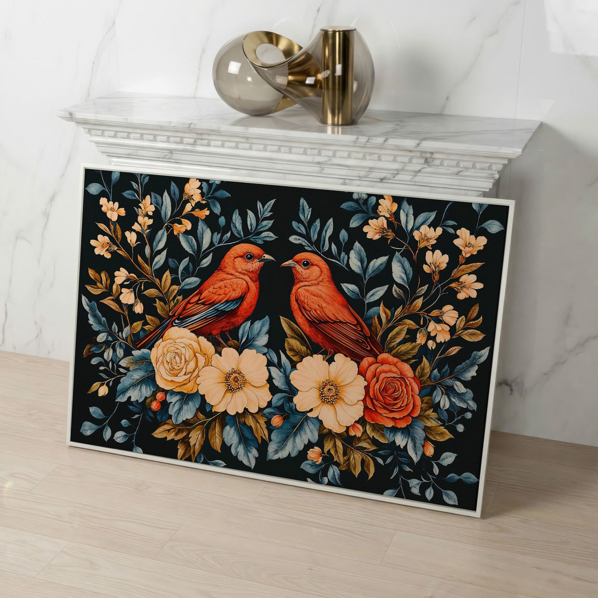 Red Birds & Roses Canvas Print for Living Rooms in white floating frame