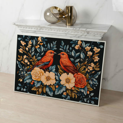 Red Birds & Roses Canvas Print for Living Rooms in white floating frame