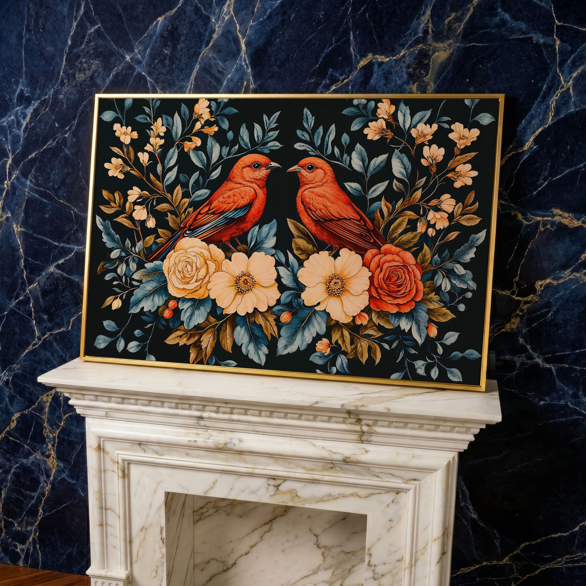 Red Birds & Roses Canvas Print for Living Rooms in yellow gold floating frame