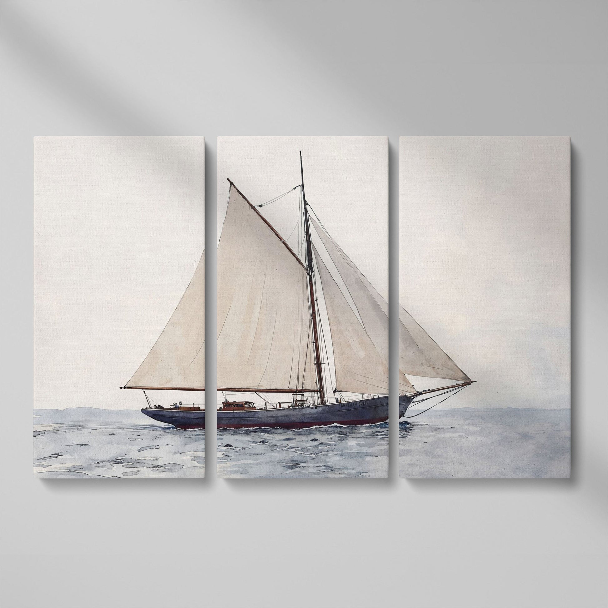 Sailing Ship Watercolor Canvas as 3-panel split version