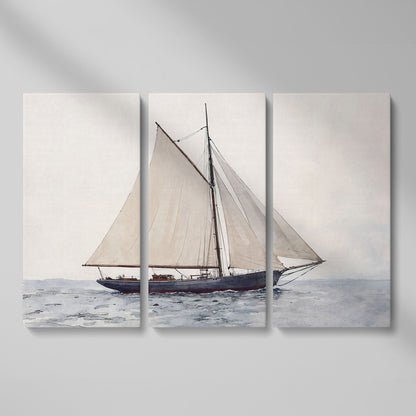 Sailing Ship Watercolor Canvas as 3-panel split version