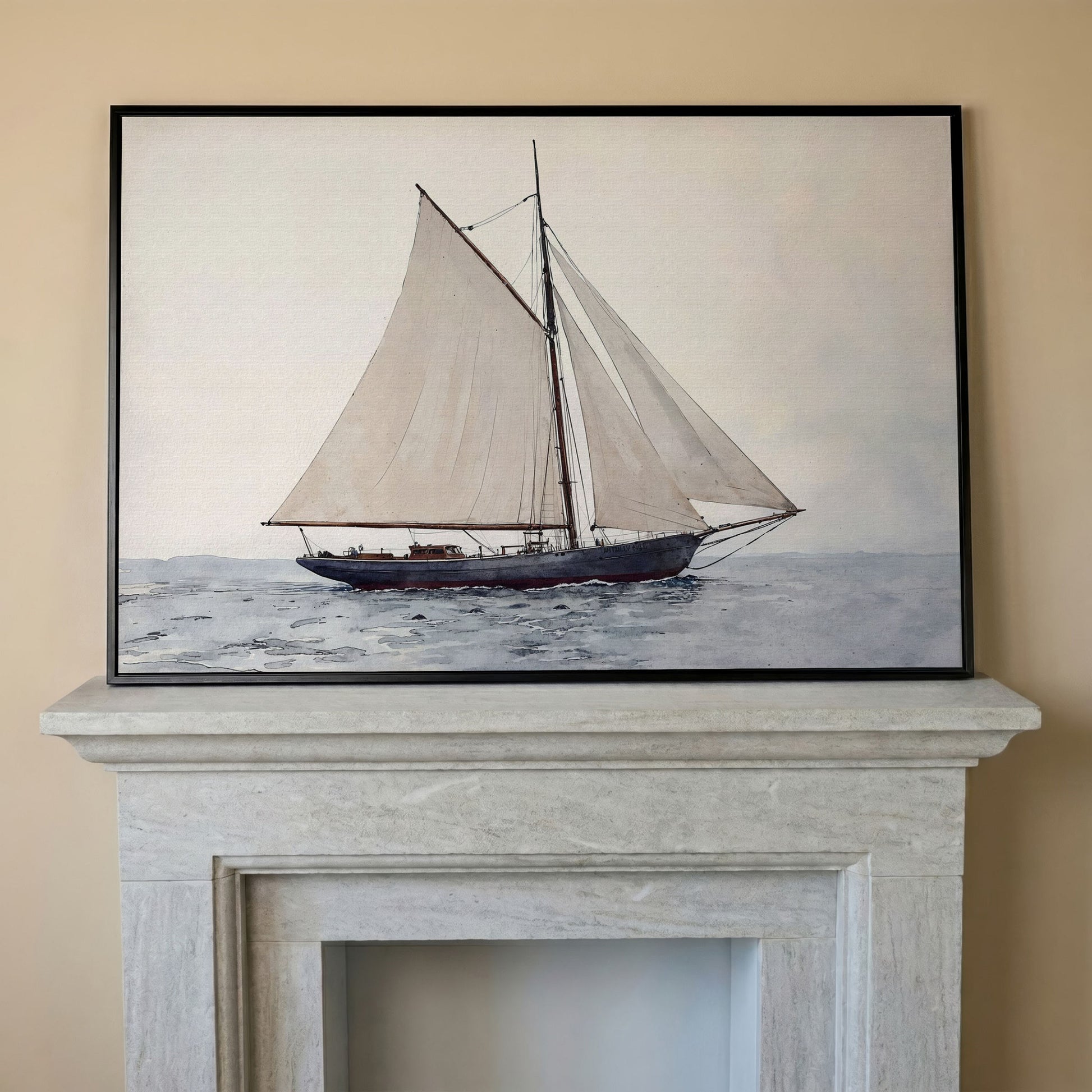 Sailing Ship Watercolor Canvas in black floating frame