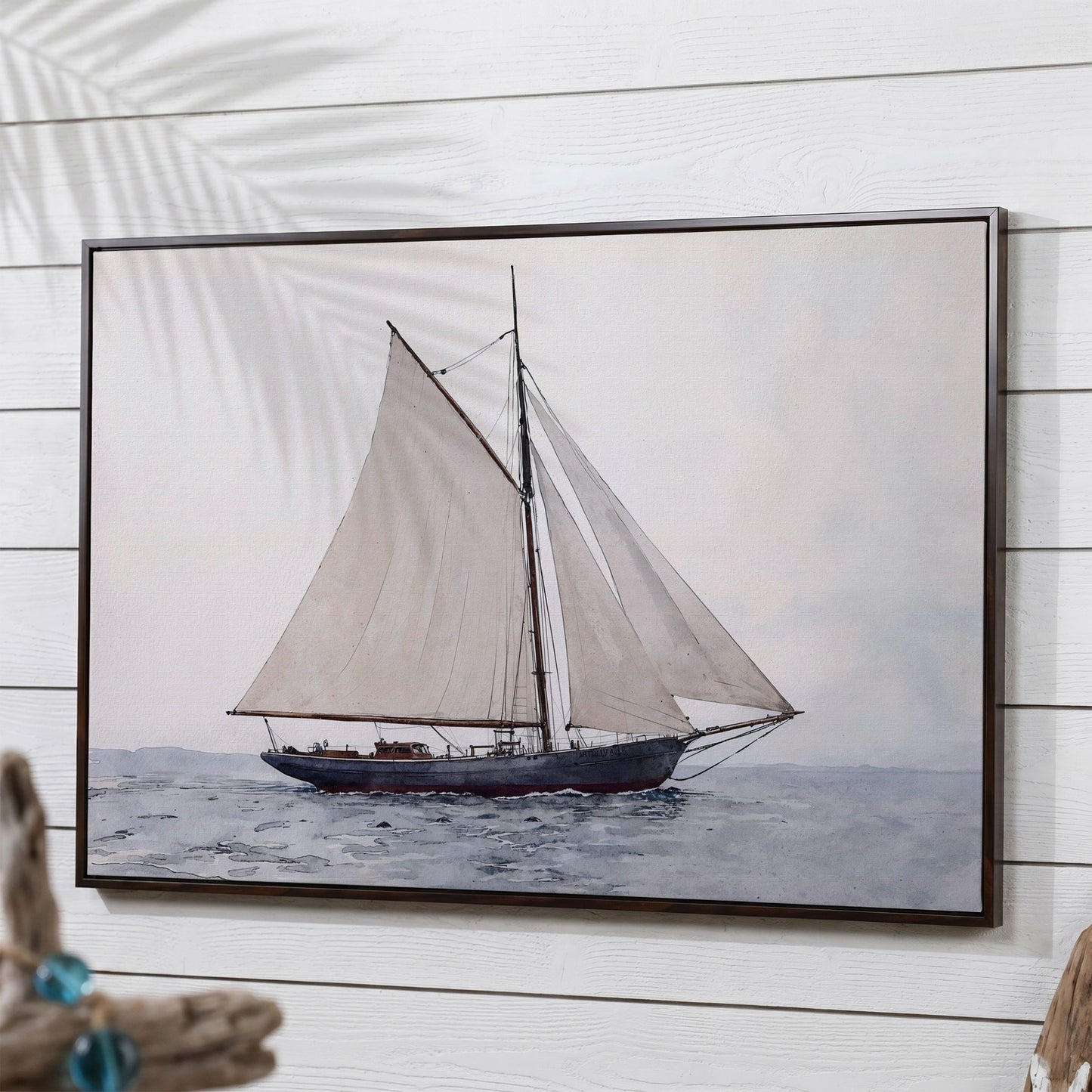 Sailing Ship Watercolor Canvas in dark walnut floating frame