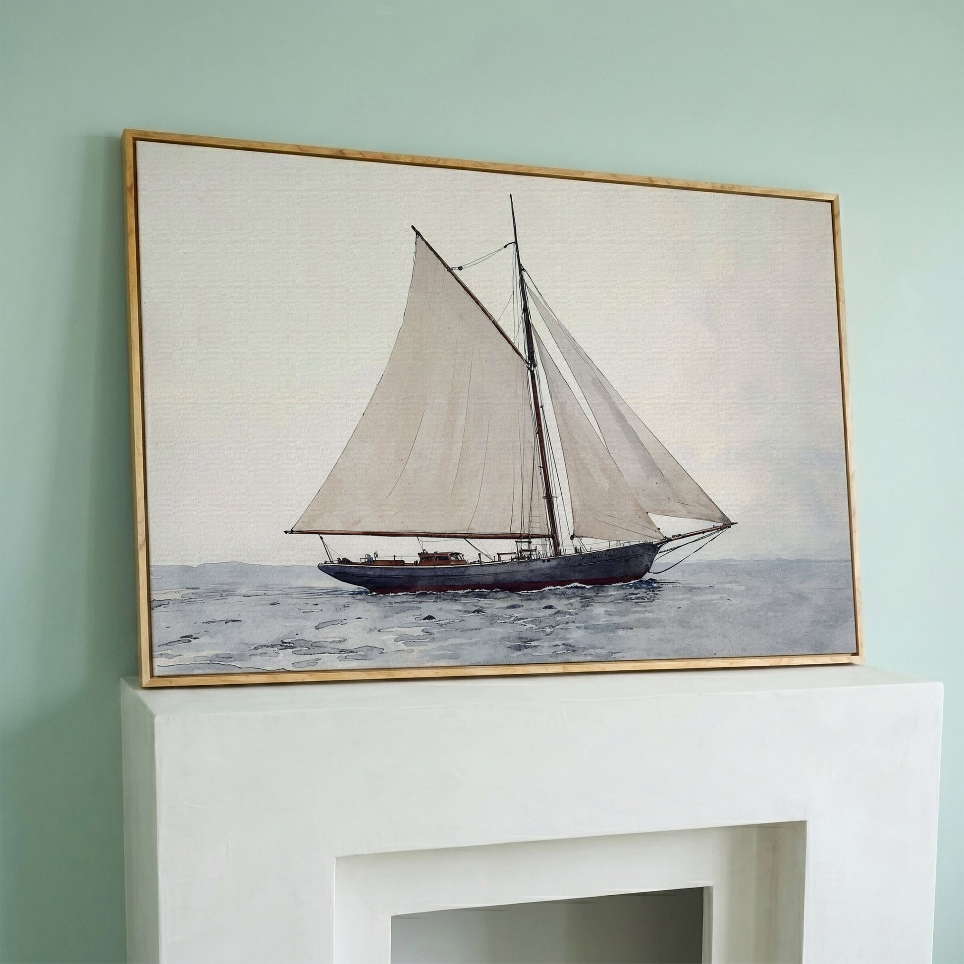 Sailing Ship Watercolor Canvas in white oak floating frame