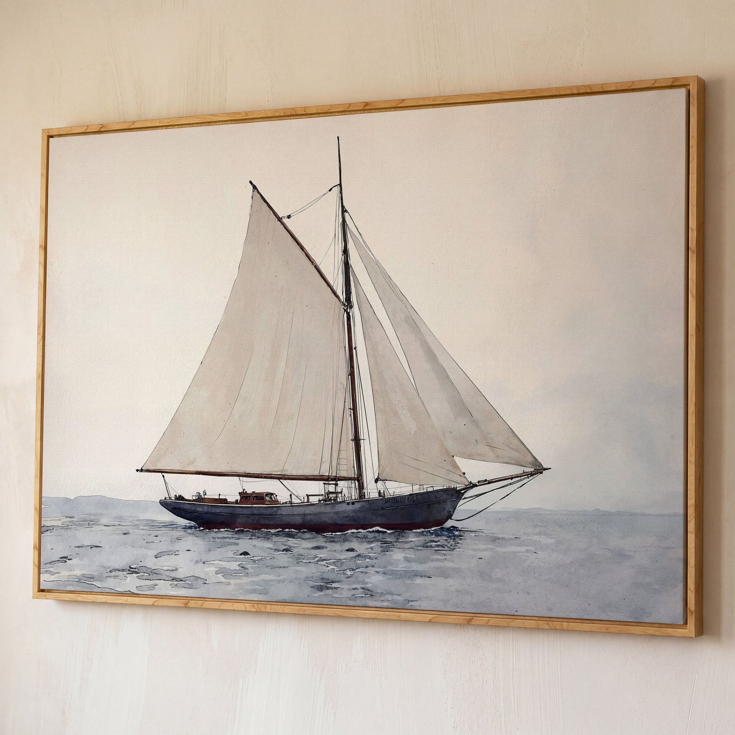 Sailing Ship Watercolor Canvas shown in white oak floating frame