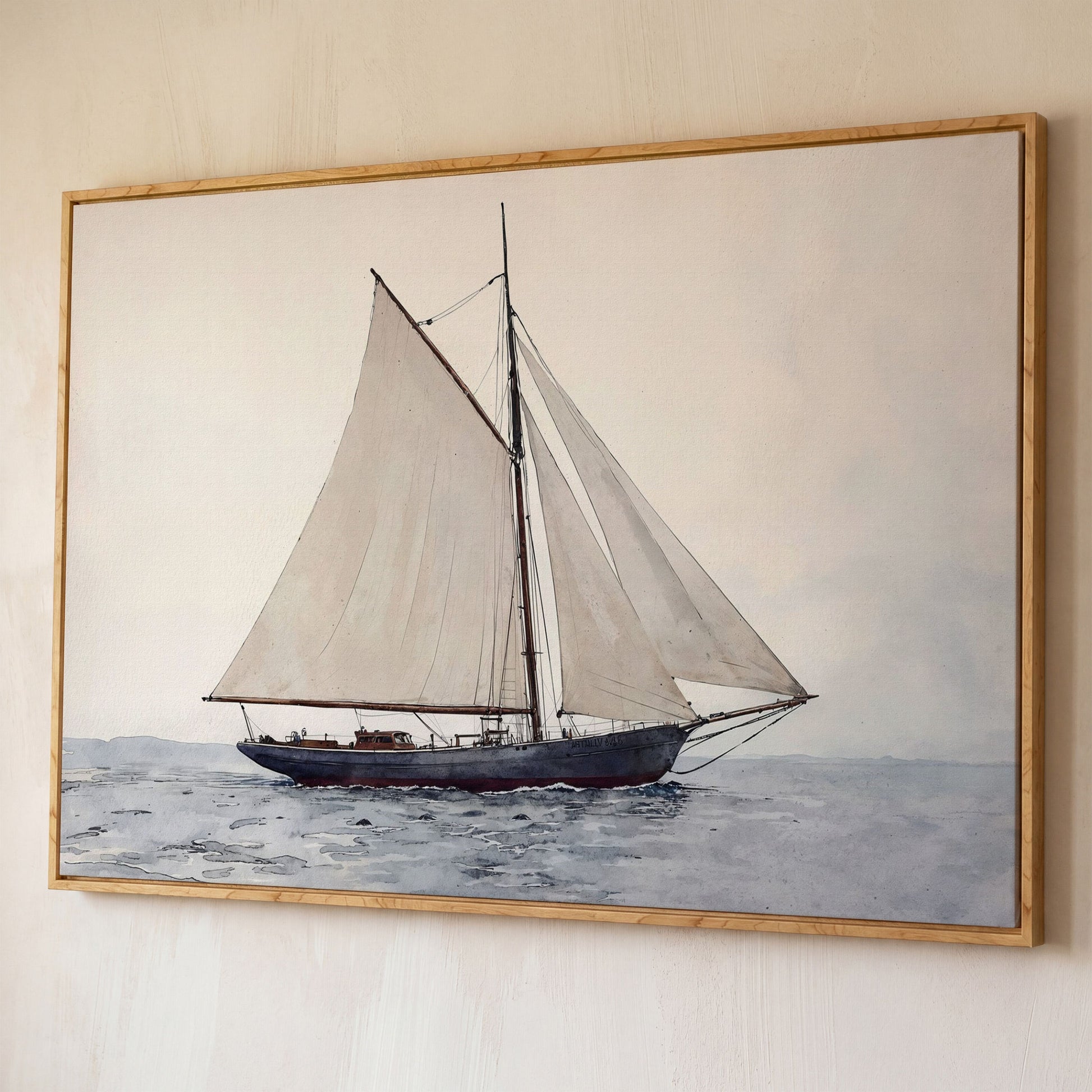 Sailing Ship Watercolor Canvas shown in white oak floating frame