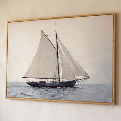 Sailing Ship Watercolor Canvas shown in white oak floating frame