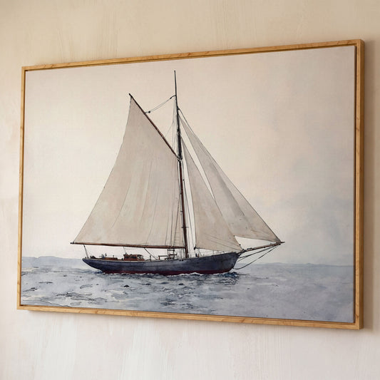 Sailing Ship Watercolor Canvas shown in white oak floating frame