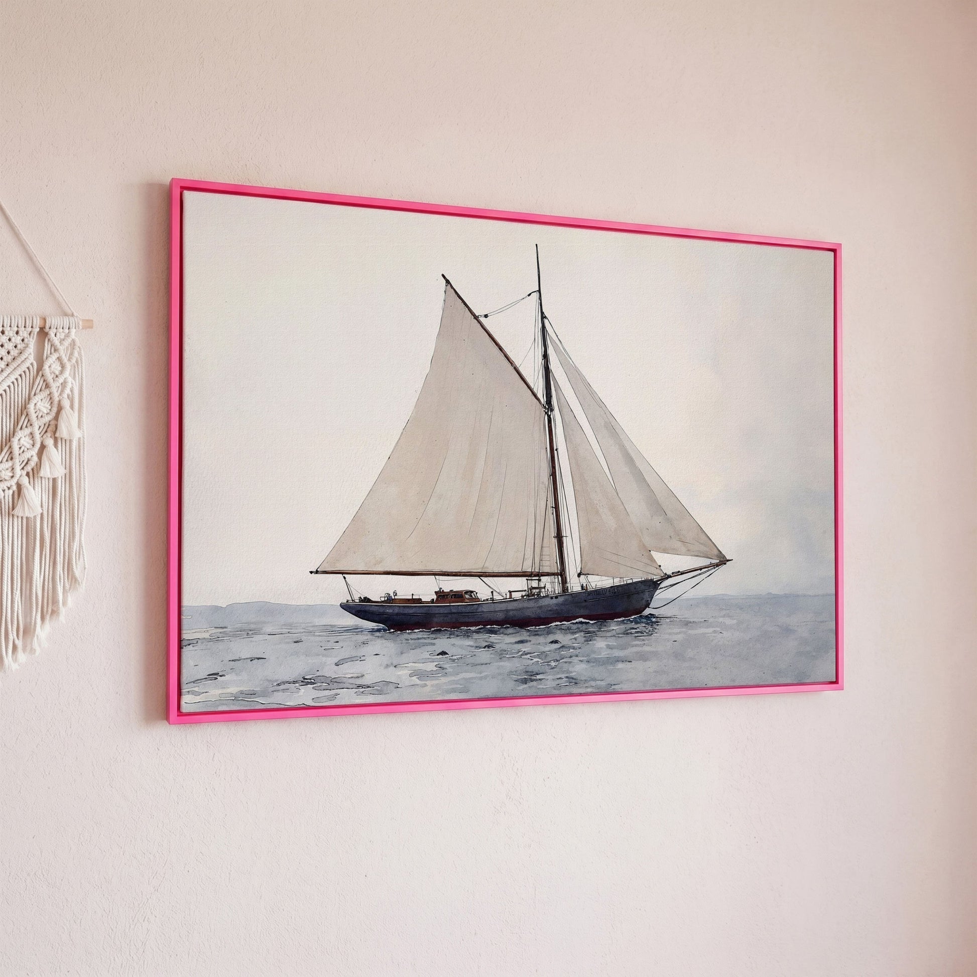 Sailing Ship Watercolor Canvas in pink floating frame
