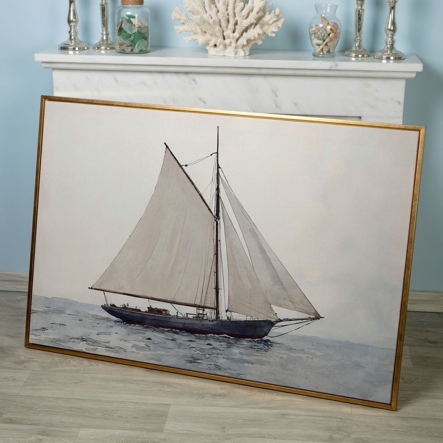 Sailing Ship Watercolor Canvas in rose gold floating frame