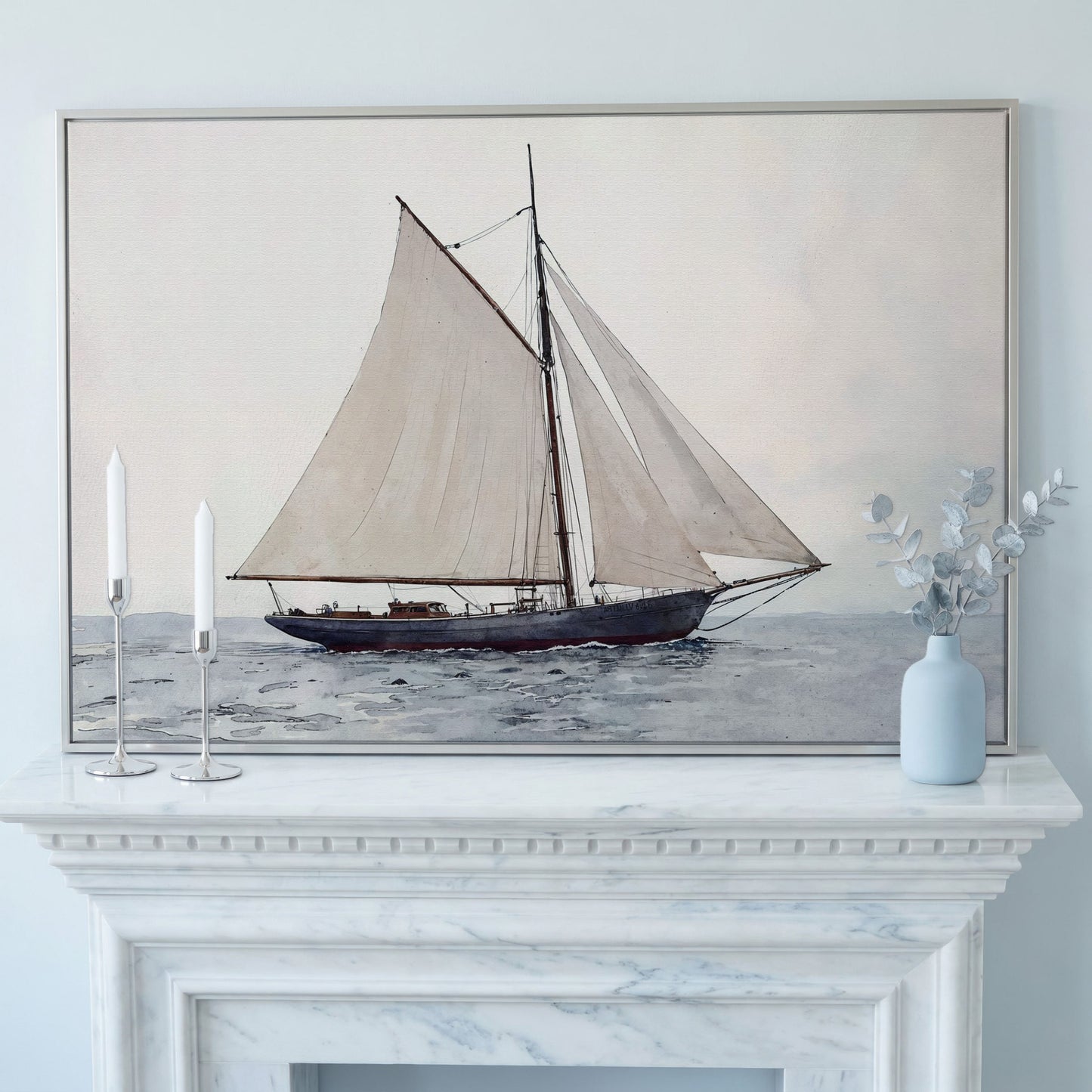 Sailing Ship Watercolor Canvas in silver floating frame