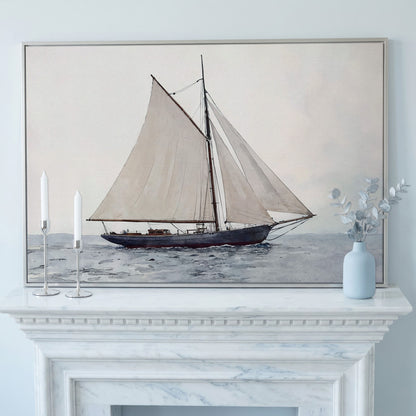 Sailing Ship Watercolor Canvas in silver floating frame