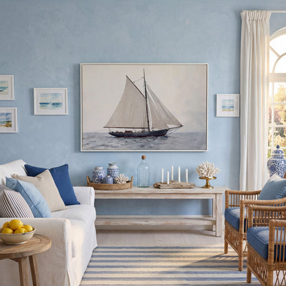 Sailing Ship Watercolor Canvas in white floating frame