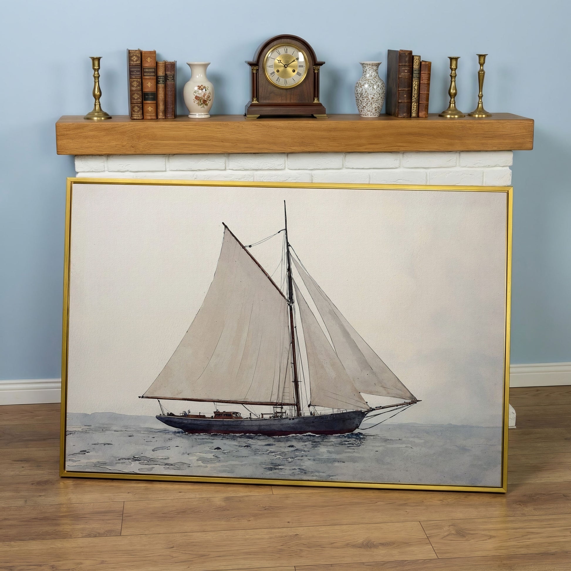 Sailing Ship Watercolor Canvas in yellow gold floating frame