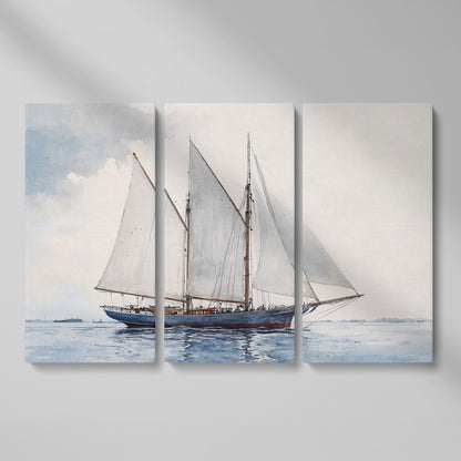 Watercolor Sailboat Canvas Print with Low Horizon as 3-panel split version