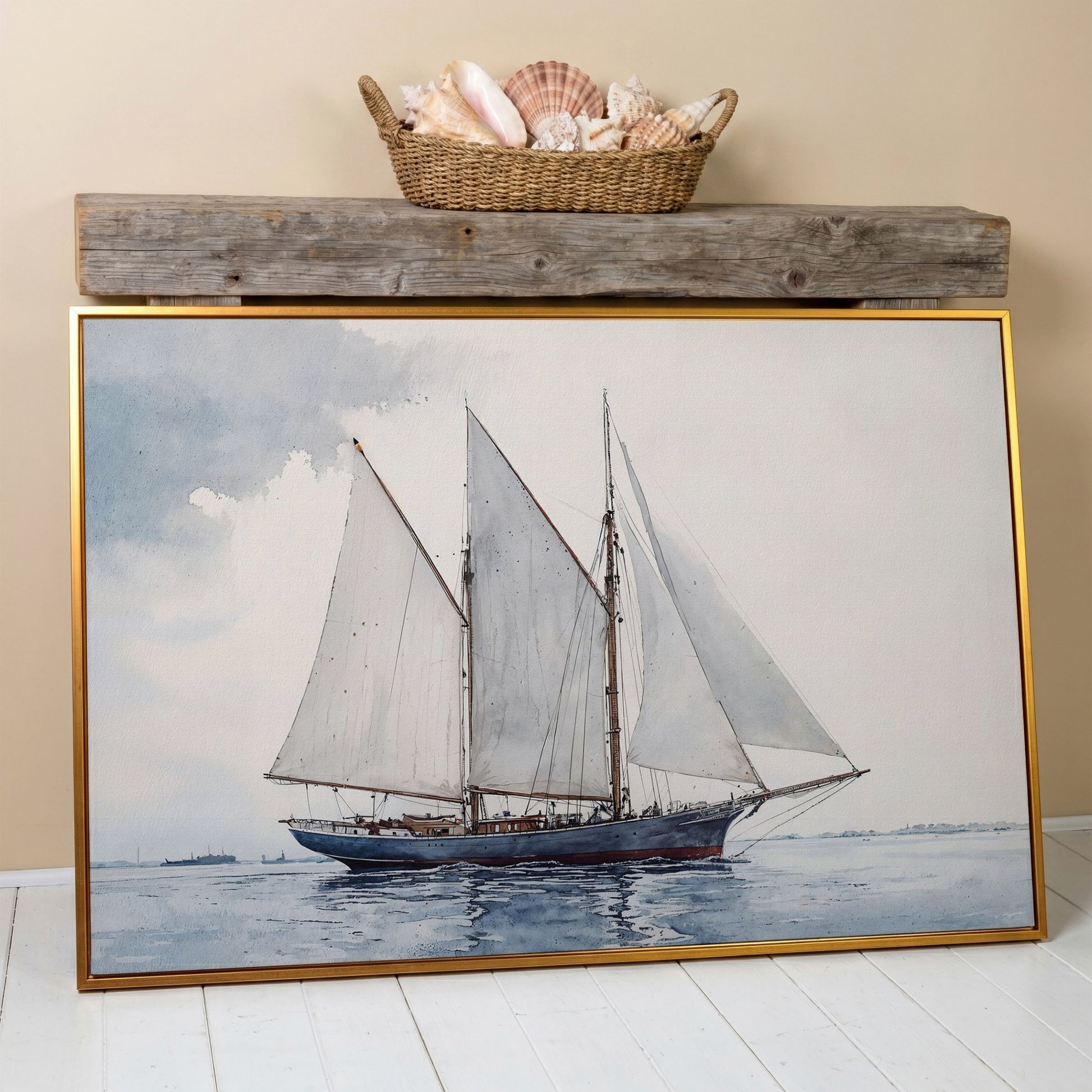 Watercolor Sailboat Canvas Print with Low Horizon in antique gold floating frame