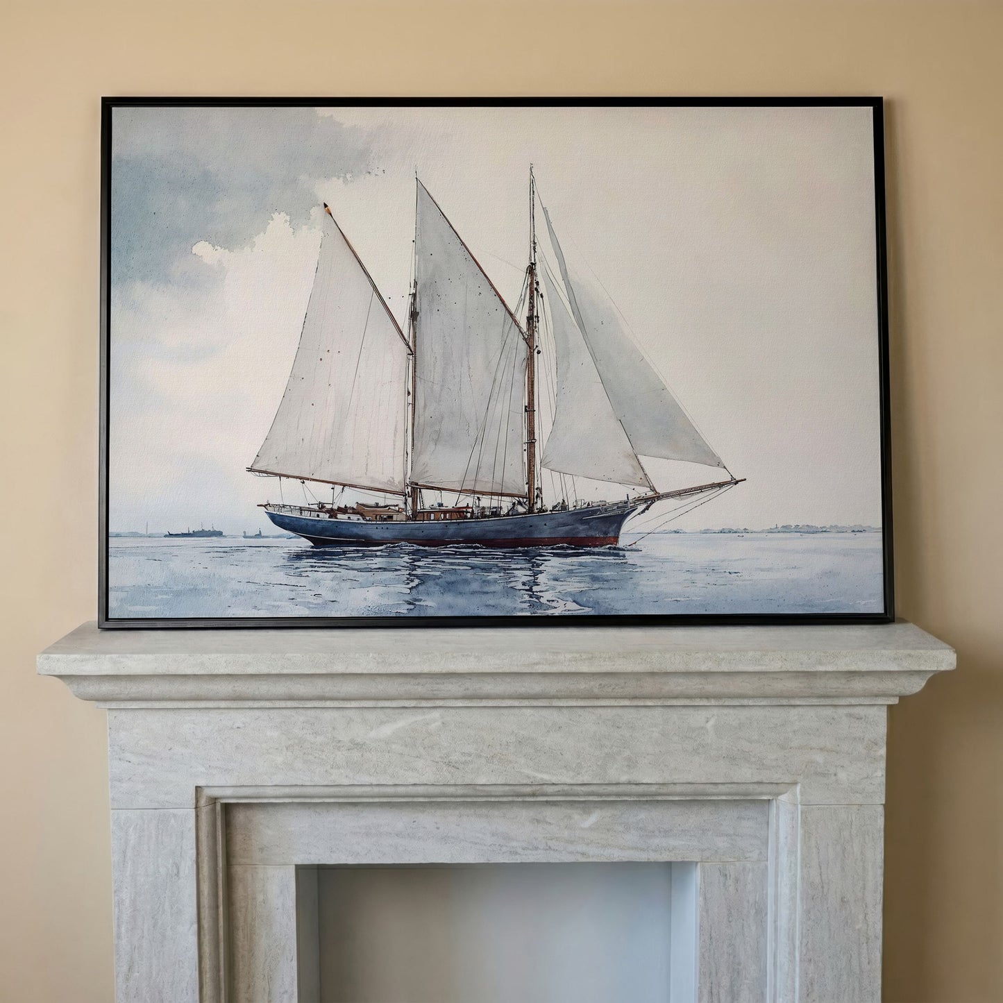 Watercolor Sailboat Canvas Print with Low Horizon in black floating frame