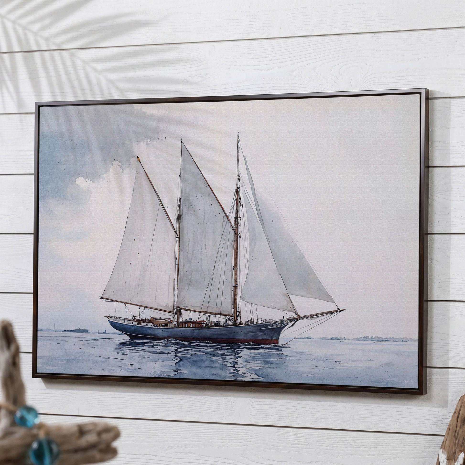 Watercolor Sailboat Canvas Print with Low Horizon in dark walnut floating frame