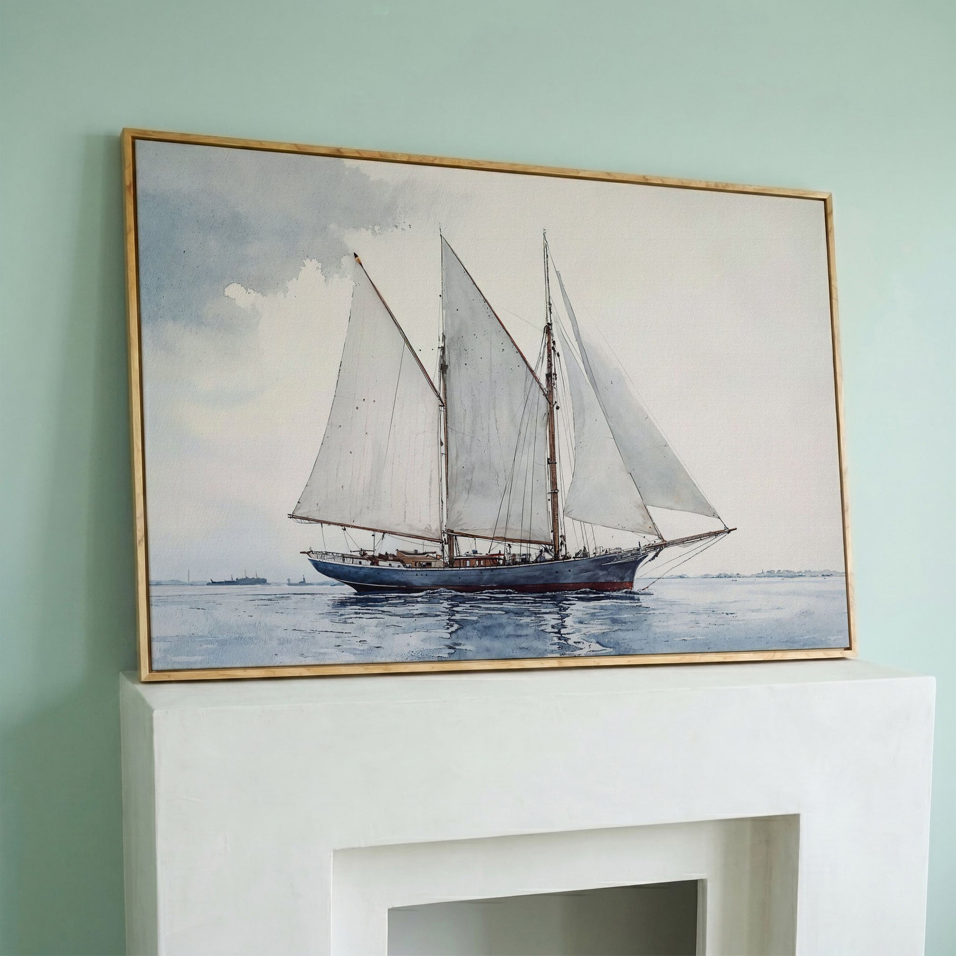 Watercolor Sailboat Canvas Print with Low Horizon in white oak floating frame