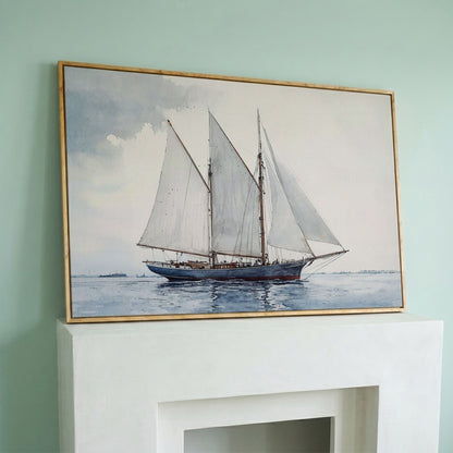 Watercolor Sailboat Canvas Print with Low Horizon in white oak floating frame
