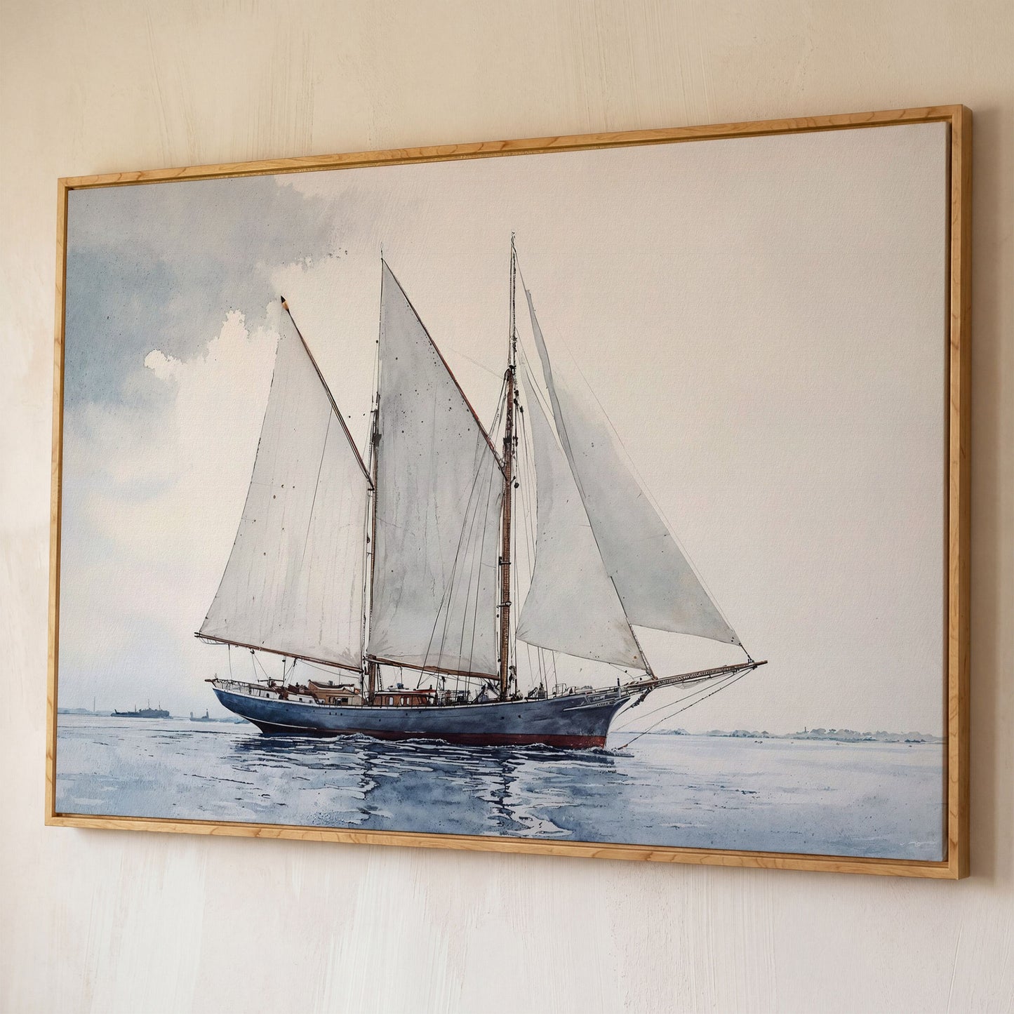 Watercolor Sailboat Canvas Print with Low Horizon shown in white oak floating frame