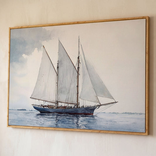 Watercolor Sailboat Canvas Print with Low Horizon shown in white oak floating frame