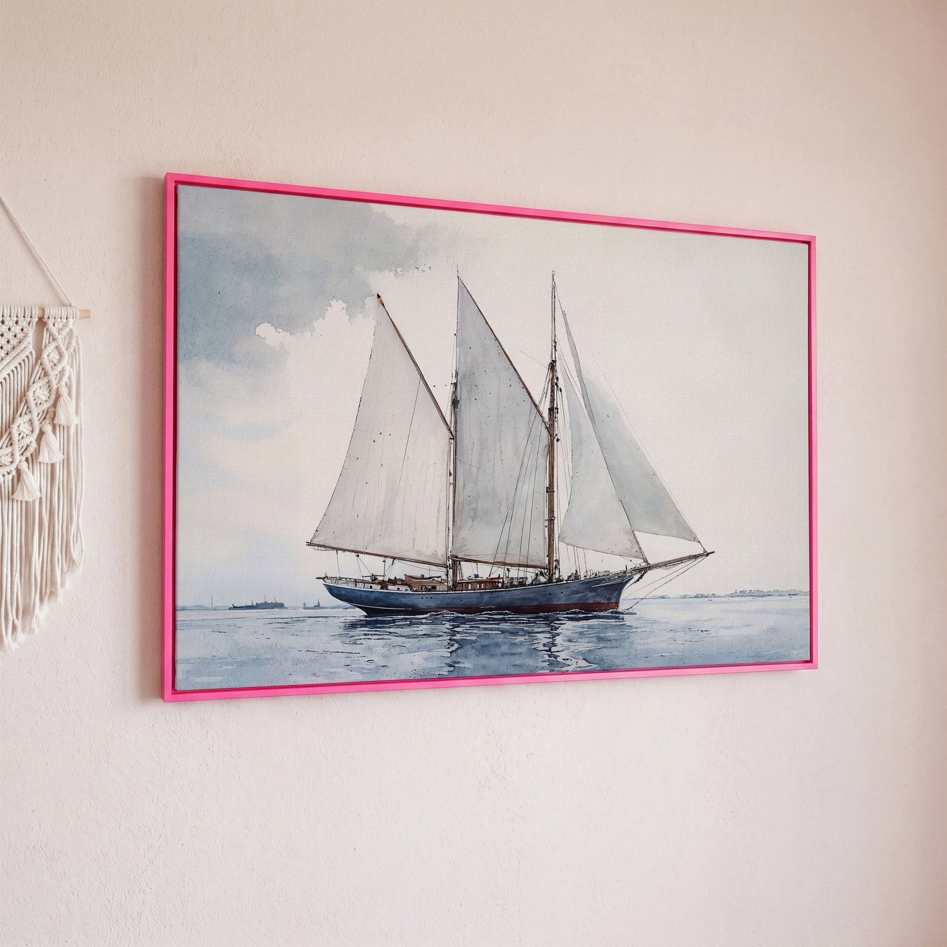 Watercolor Sailboat Canvas Print with Low Horizon in pink floating frame
