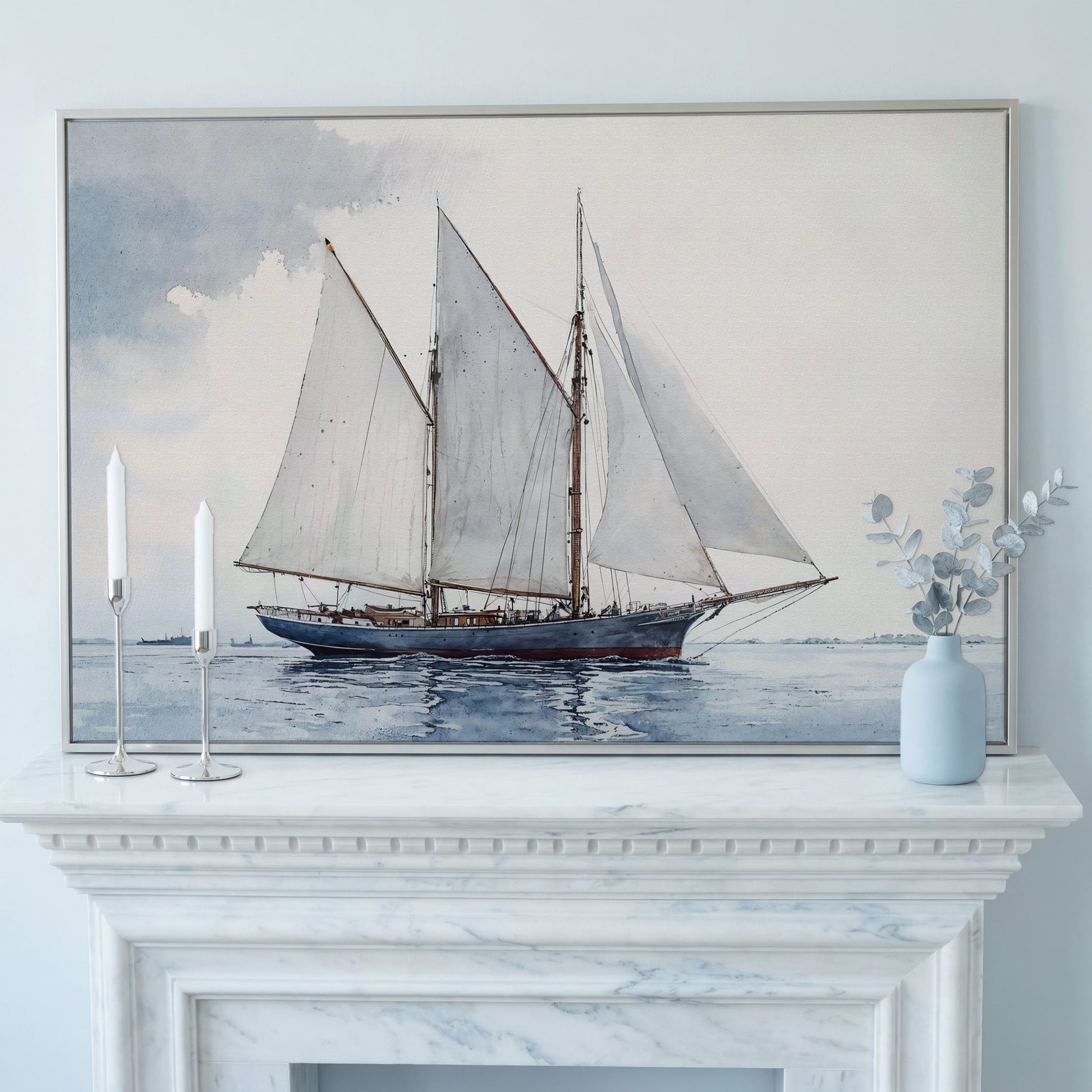 Watercolor Sailboat Canvas Print with Low Horizon in silver floating frame
