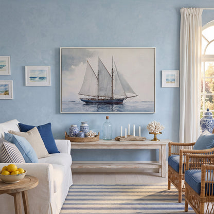 Watercolor Sailboat Canvas Print with Low Horizon in white floating frame