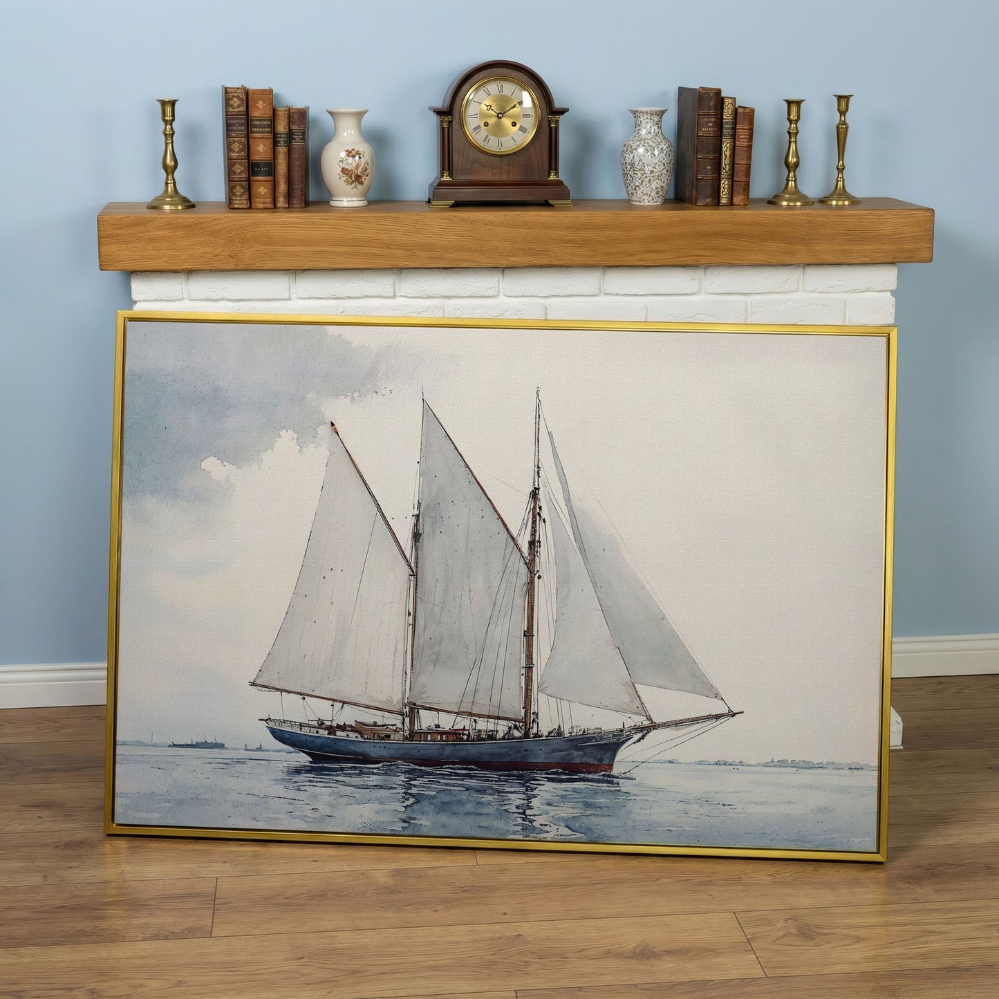 Watercolor Sailboat Canvas Print with Low Horizon in yellow gold floating frame