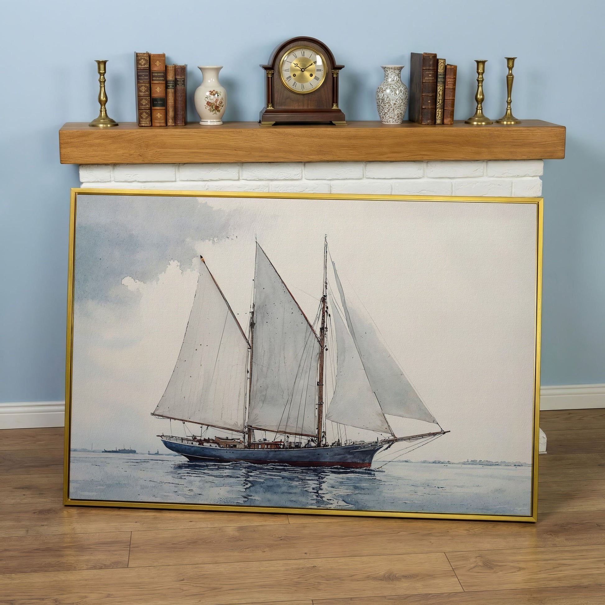 Watercolor Sailboat Canvas Print with Low Horizon in yellow gold floating frame