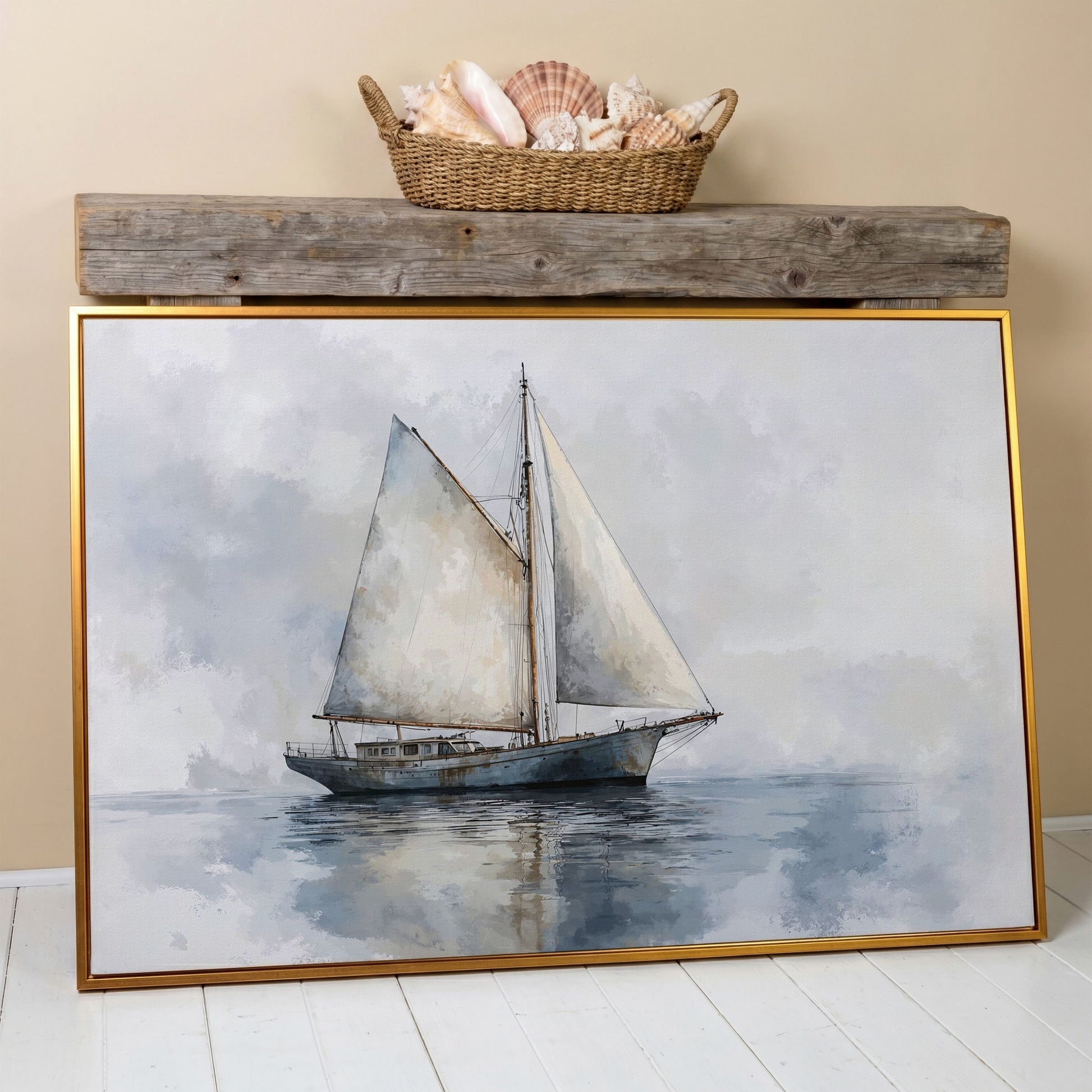 Serene Seascape with Sailing Boat Canvas in antique gold floating frame