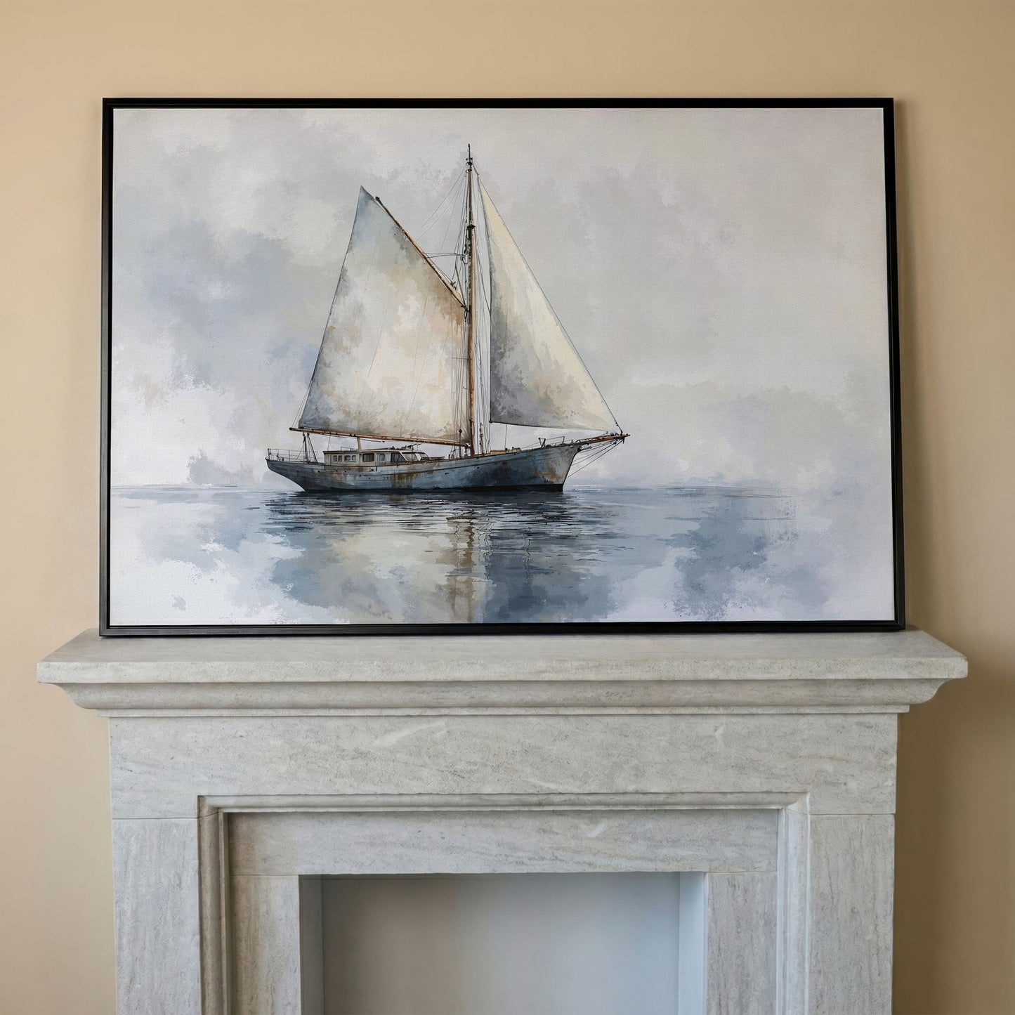 Serene Seascape with Sailing Boat Canvas in black floating frame