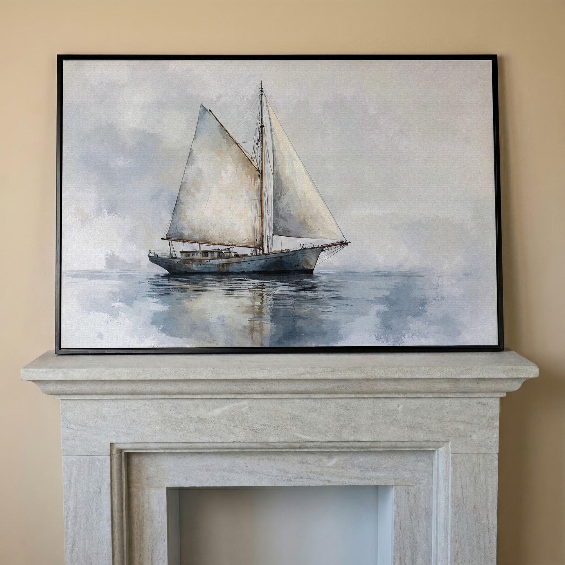 Serene Seascape with Sailing Boat Canvas in black floating frame