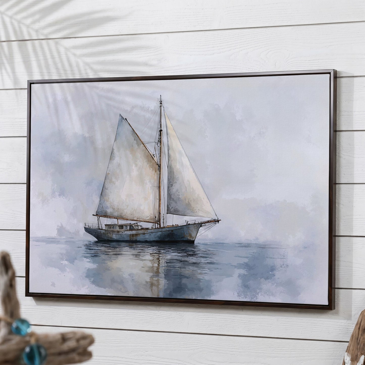 Serene Seascape with Sailing Boat Canvas in dark walnut floating frame