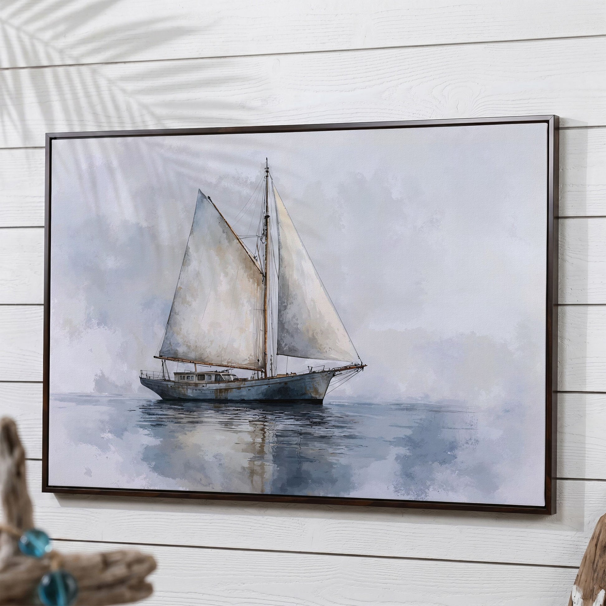 Serene Seascape with Sailing Boat Canvas in dark walnut floating frame