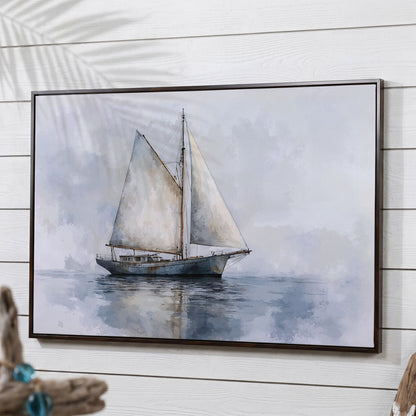Serene Seascape with Sailing Boat Canvas in dark walnut floating frame