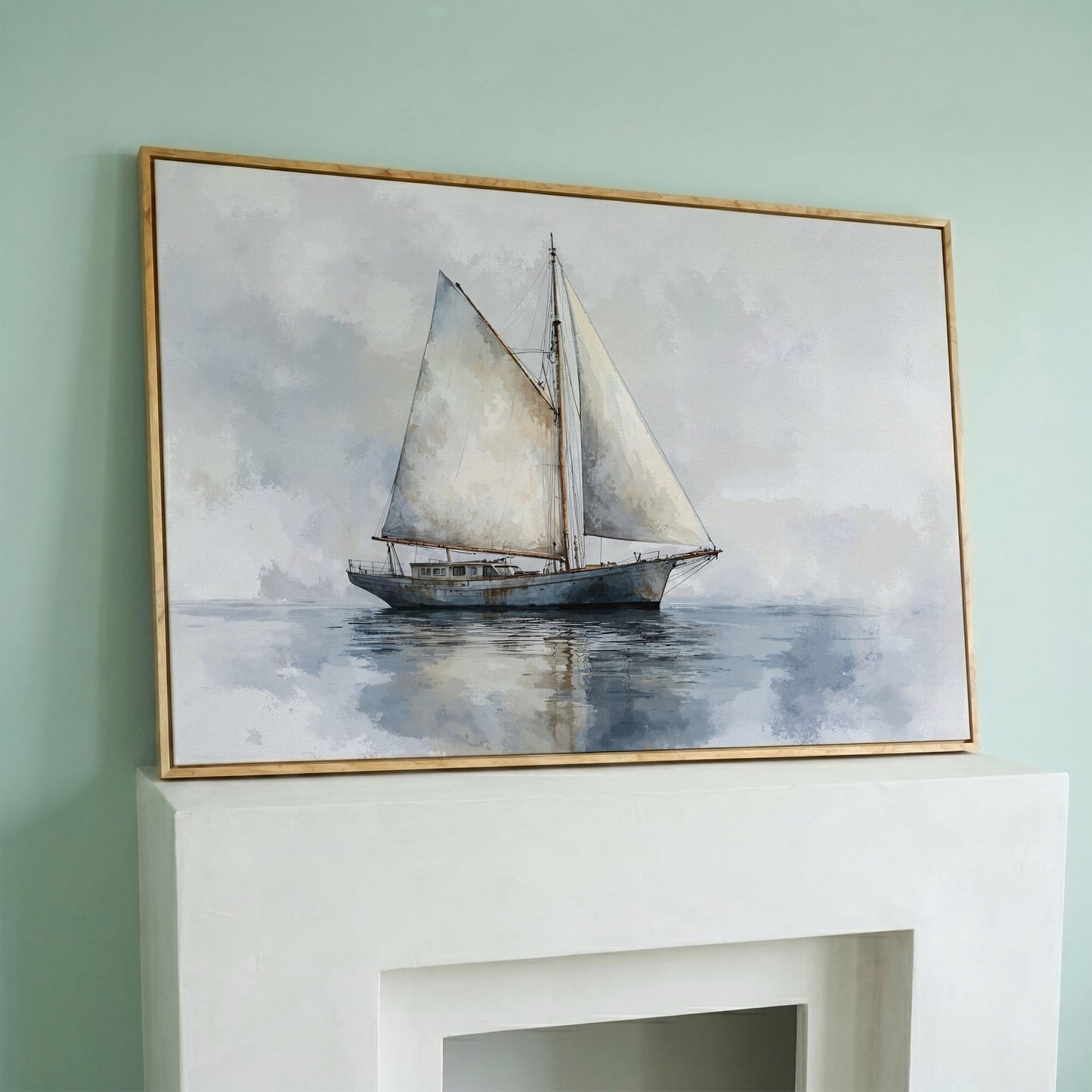 Serene Seascape with Sailing Boat Canvas in white oak floating frame