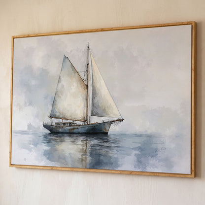 Serene Seascape with Sailing Boat Canvas shown in white oak floating frame