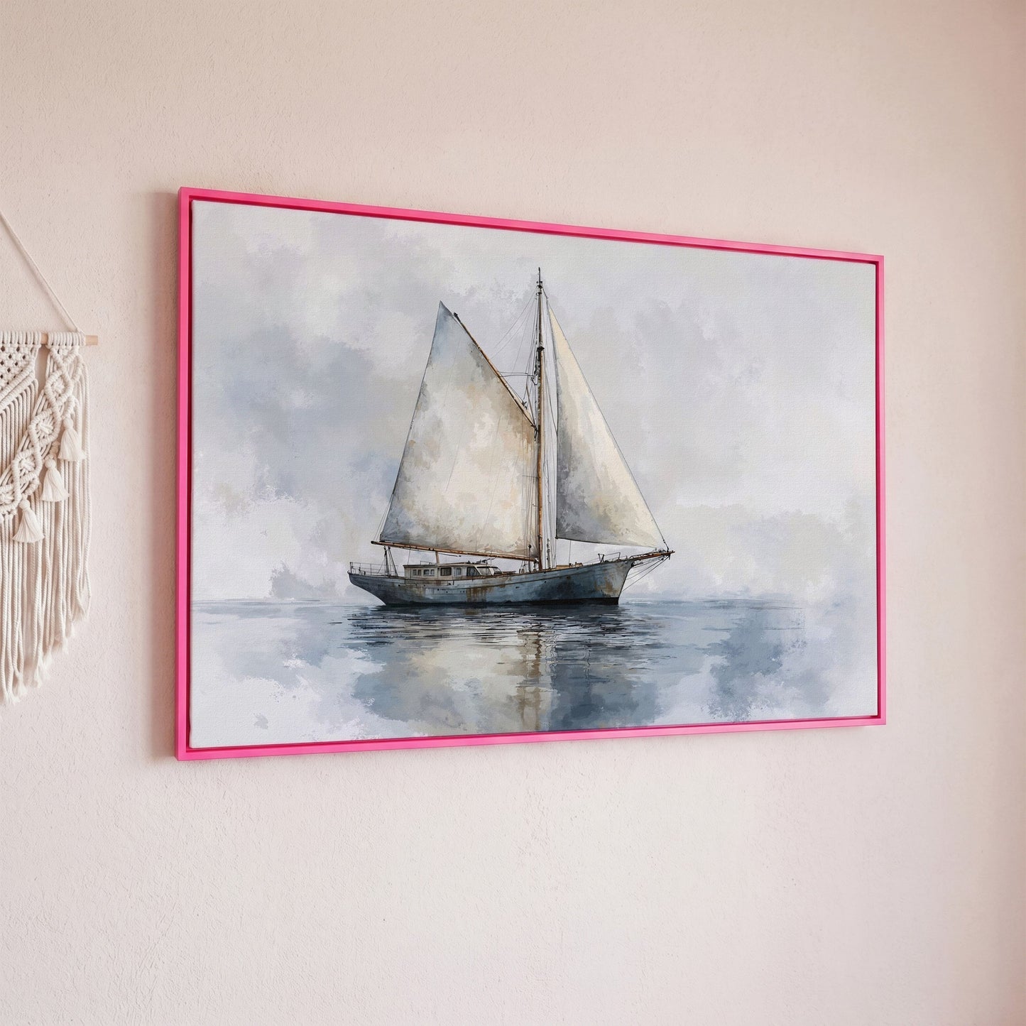 Serene Seascape with Sailing Boat Canvas in pink floating frame