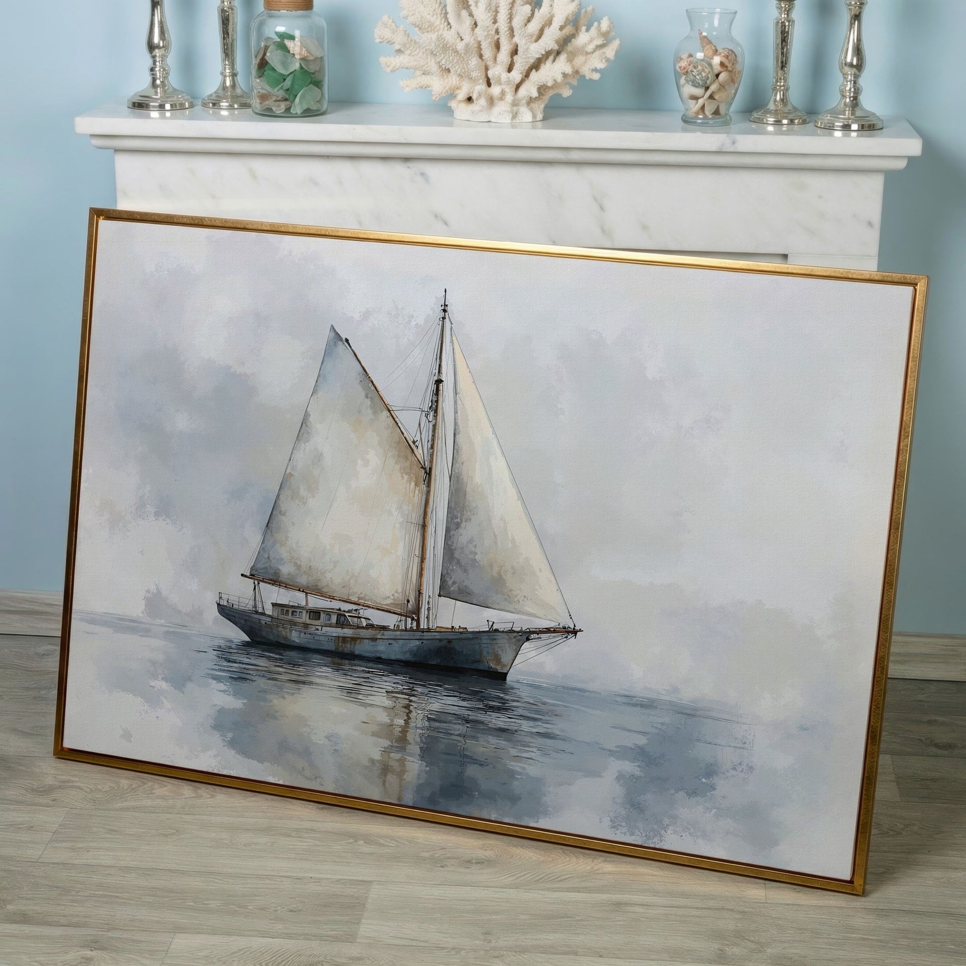 Serene Seascape with Sailing Boat Canvas in rose gold floating frame