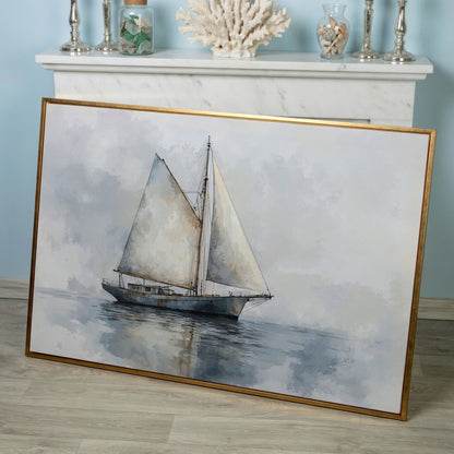 Serene Seascape with Sailing Boat Canvas in rose gold floating frame