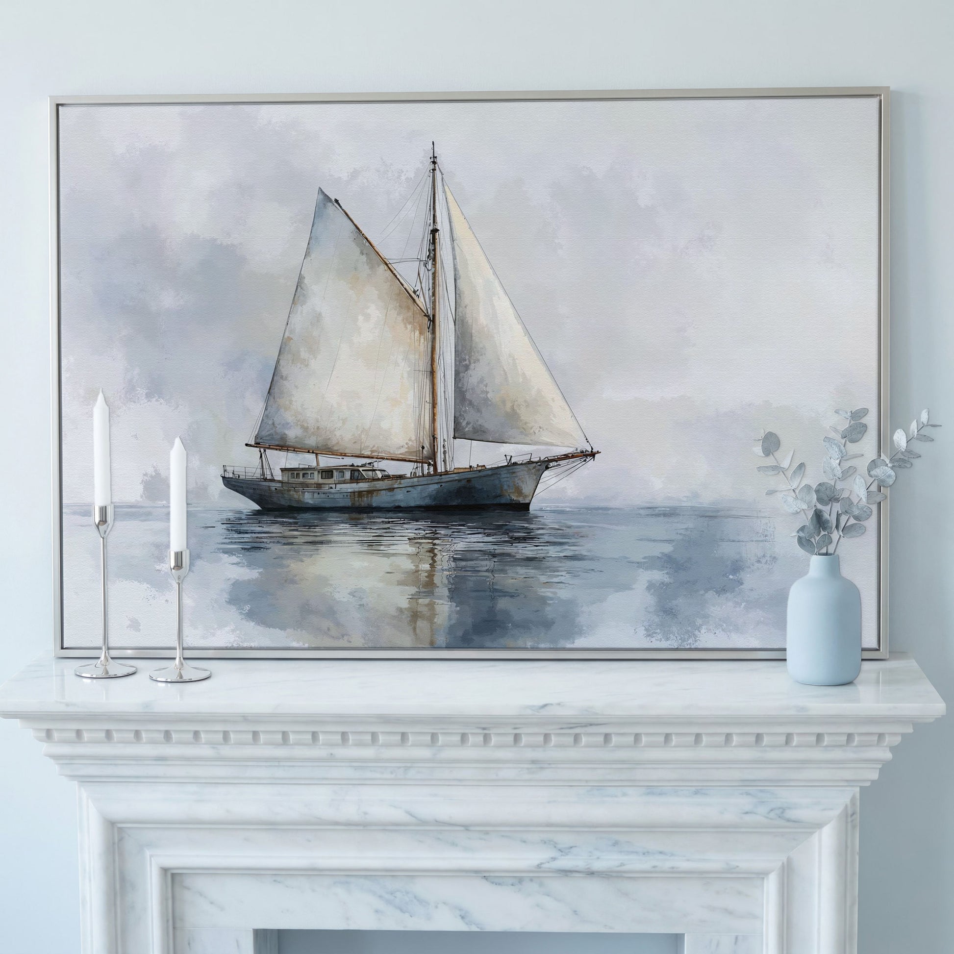 Serene Seascape with Sailing Boat Canvas in silver floating frame