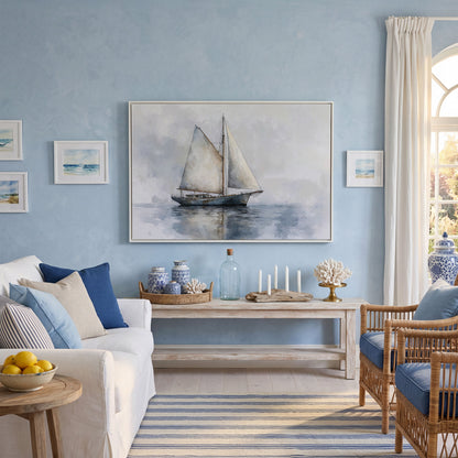 Serene Seascape with Sailing Boat Canvas in white floating frame