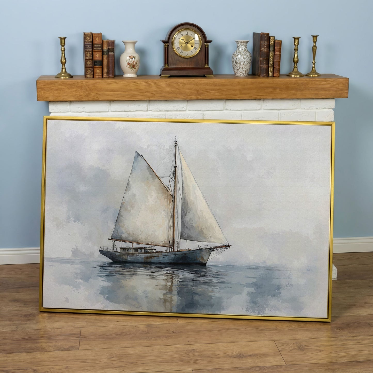 Serene Seascape with Sailing Boat Canvas in yellow gold floating frame