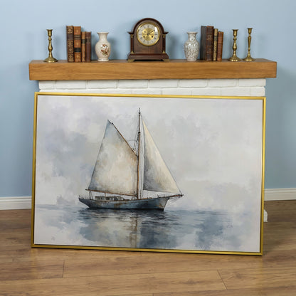 Serene Seascape with Sailing Boat Canvas in yellow gold floating frame