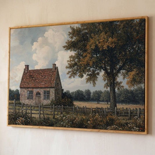 Stone Cottage with Autumn Tree Canvas shown in white oak floating frame