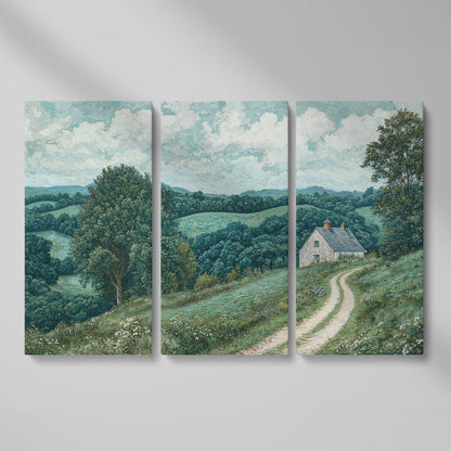 Rural Cottage & Hills Canvas Print. Sage Countryside Landscape as 3-panel split version